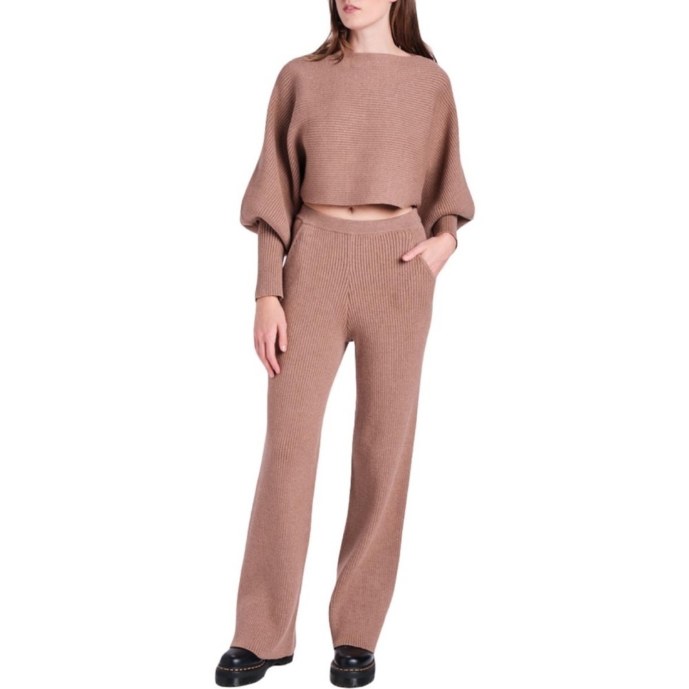 En Saison Silvia Women's Ribbed Knit Bootcut Wide Leg Lounge Pants In Brown
